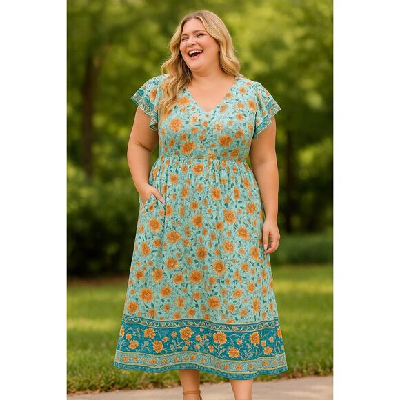 BloomChic Dresses & Skirts - Plus Size 3X 22 24 Boho Bandana Print Ruffle Pocket Cap Sleeve Button Maxi Dress
